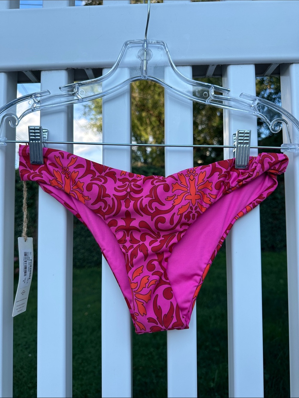 Phax Bright Pink Printed Women's Bikini Bottom with Orange Accents Twist Detail